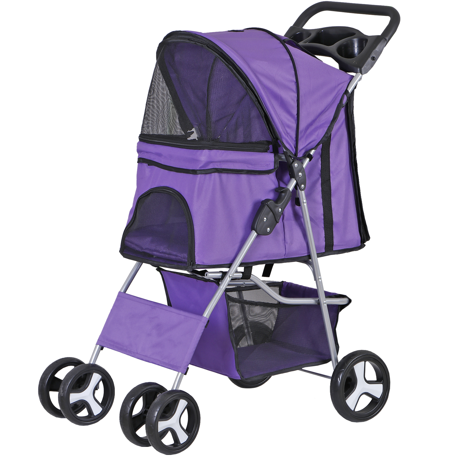 4 Wheel Dog Stroller Pet Stroller Travel Carriage w/Foldable Carrier Cart Purple