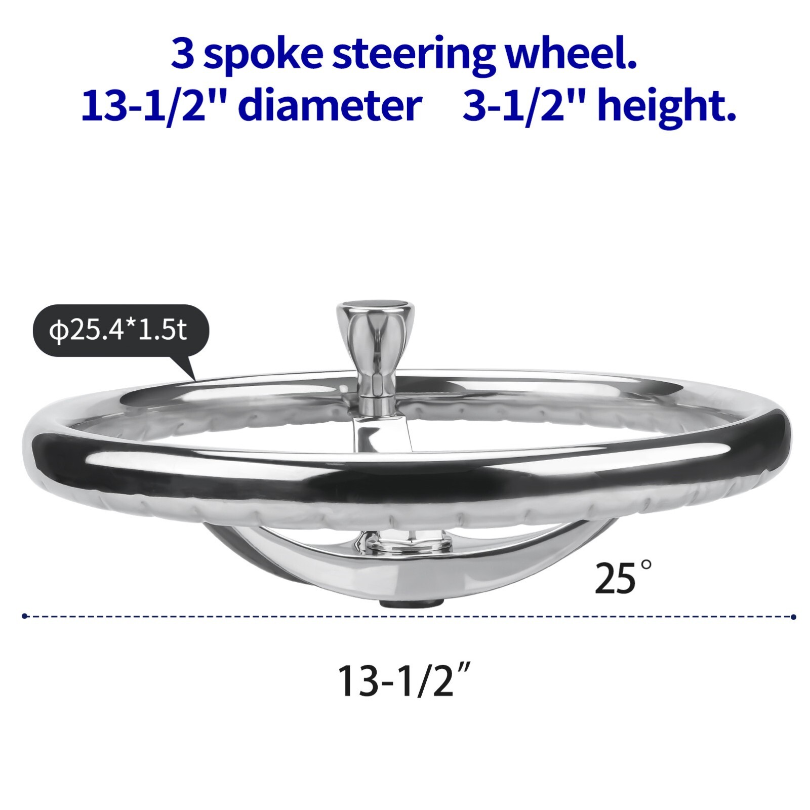 Marine Stainless Steel 13.5 inch Boat Steering Wheel 3 Spokes w/Knob Nut