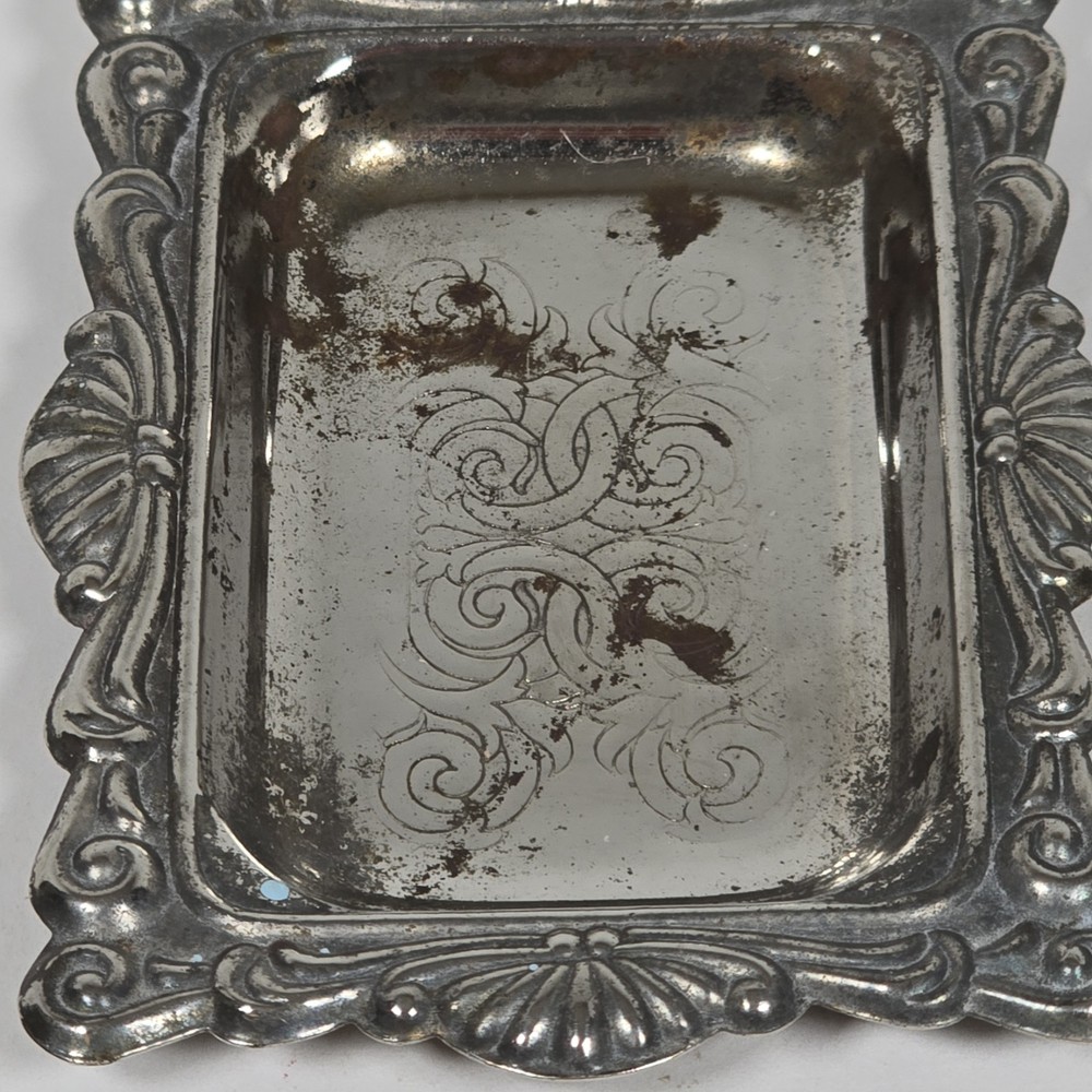 Vintage Silverplate Mini Trinket Dish – Ornate Rectangular Engraved Hong Kong