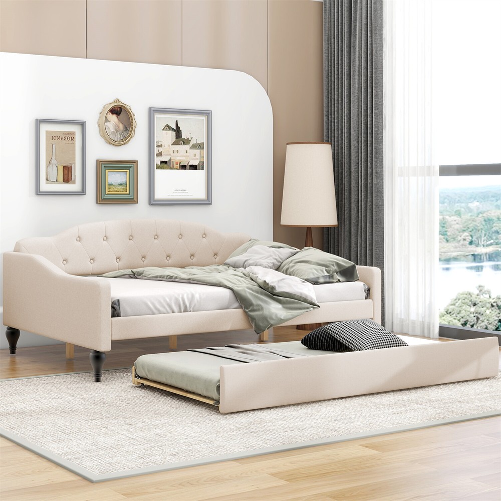Full Size Daybed with Pull Out Trundle Bed Upholstered Bed Frame Sofa Bed Beige