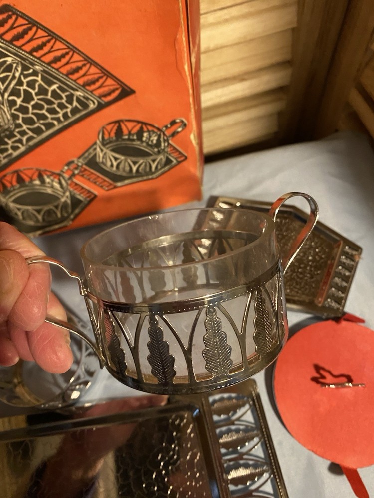 Vintage Polish Silver Metal 14 Piece Serving Set Tray, Cup Holders Sugar Bowl