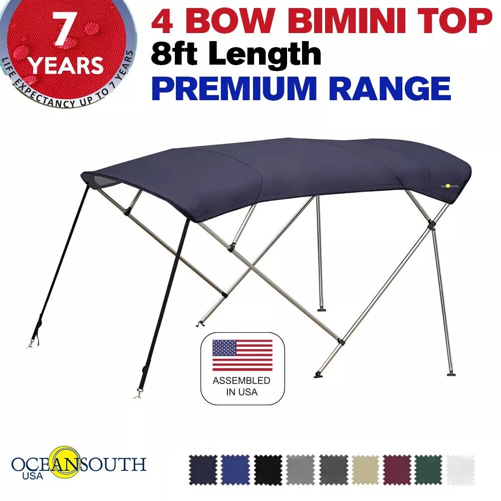 Oceansouth 4 Bow Bimini Top PREMIUM RANGE Boat Cover 8ft Long With Rear Poles