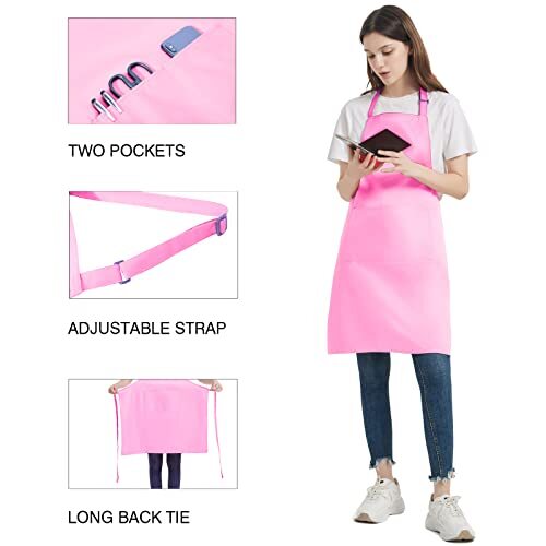 4 Packs Chef Apron with 2 Pockets, Waterproof Adjustable Polyester Blend Pink