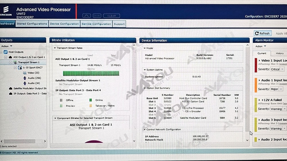 Ericsson AVP-3000 Encoder Modulator HD MPEG4 L- BAND BISS ASI CE-X