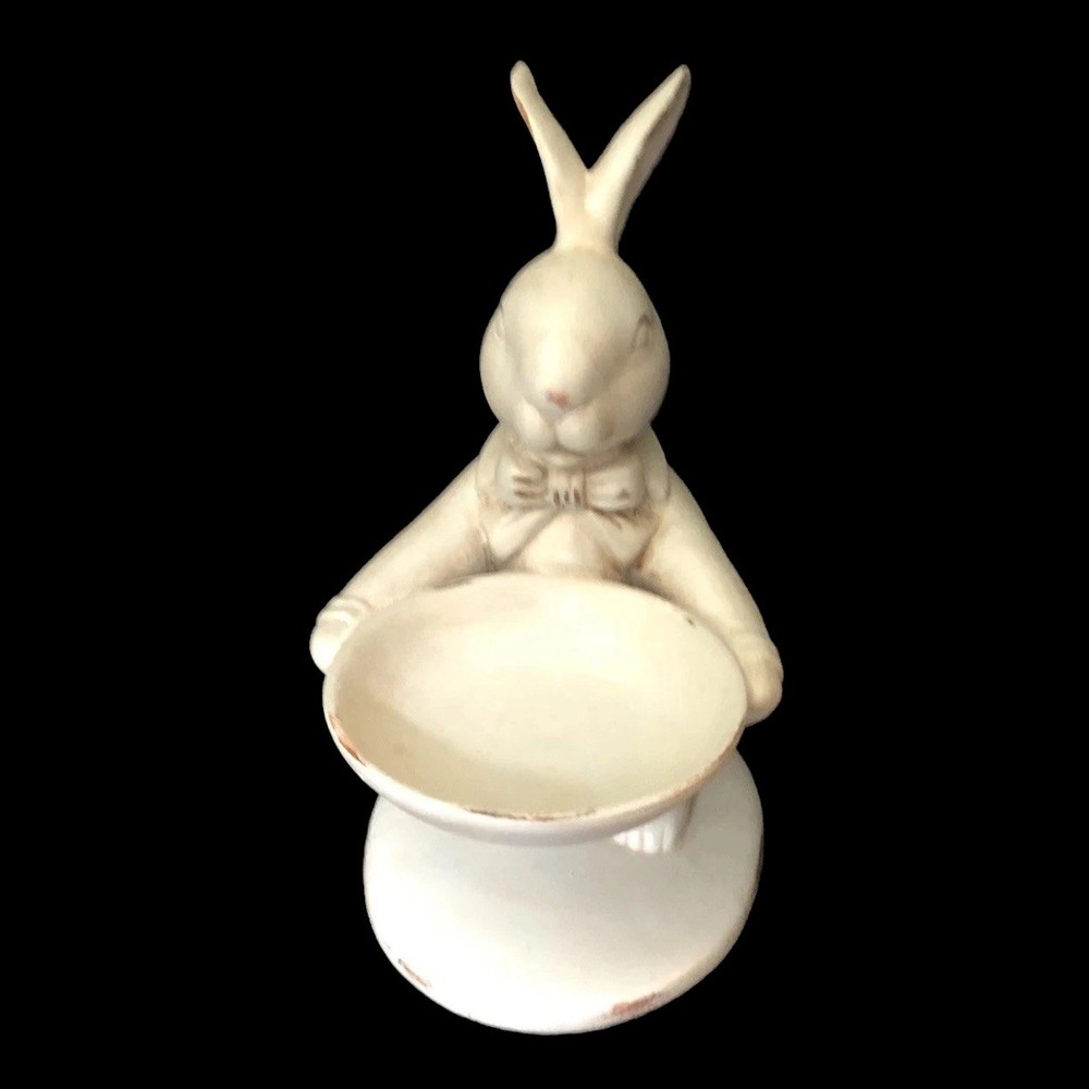 Easter Bunny Rabbit Holding Egg Candy Dish Spring Decor Gray Distressed