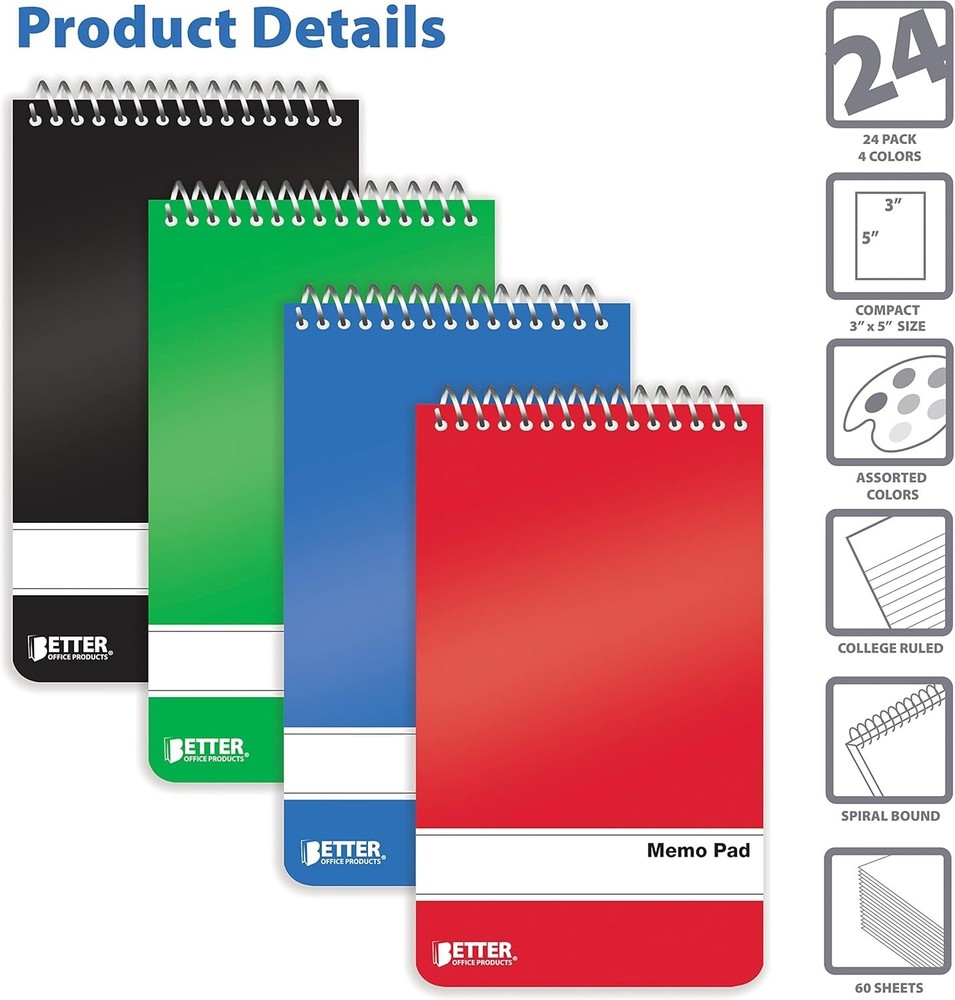 Assorted Solid Colors Spiral Memo Pads, 24 Pack