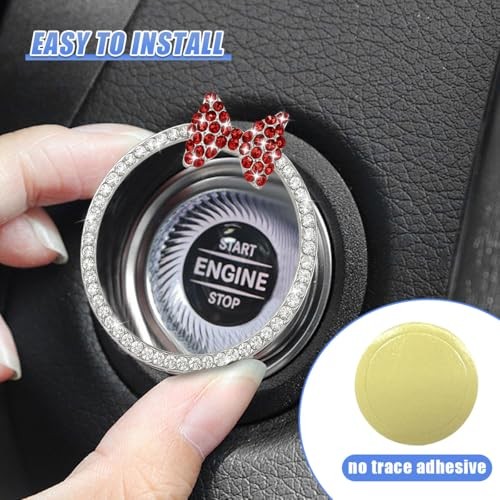 Bling Bow Car Engine Start Stop Button Decoration Ring, Cute Double WhiteRed