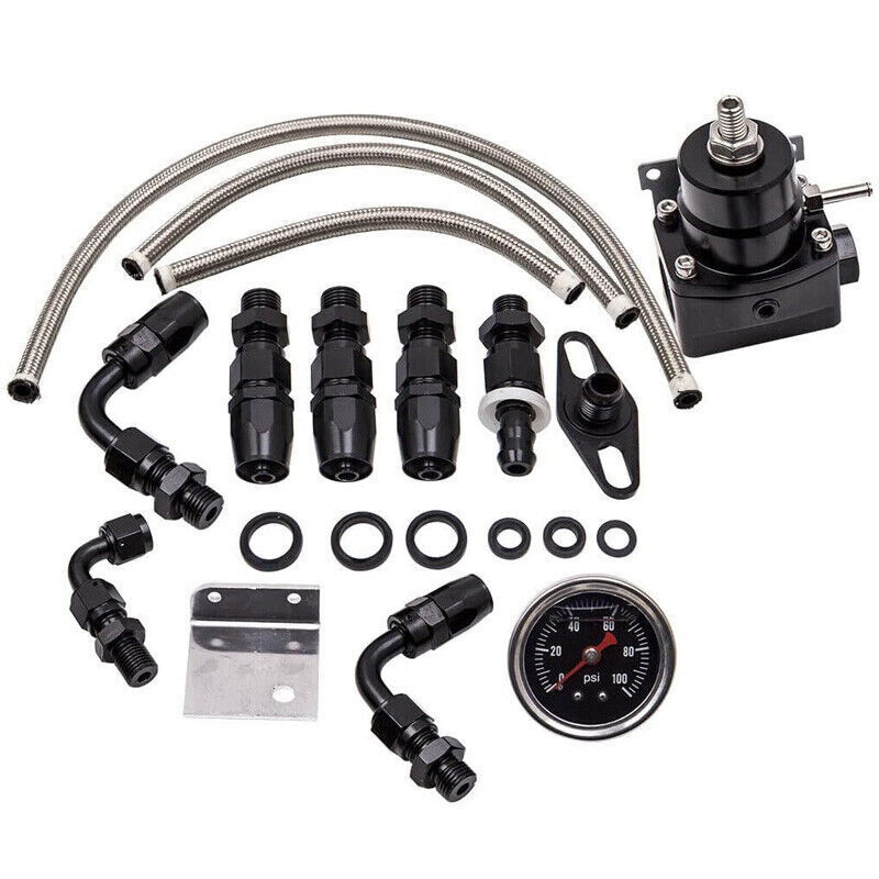 Universal Black Adjustable Fuel Pressure Regulator Kit 100psi Guage AN6 Fitting