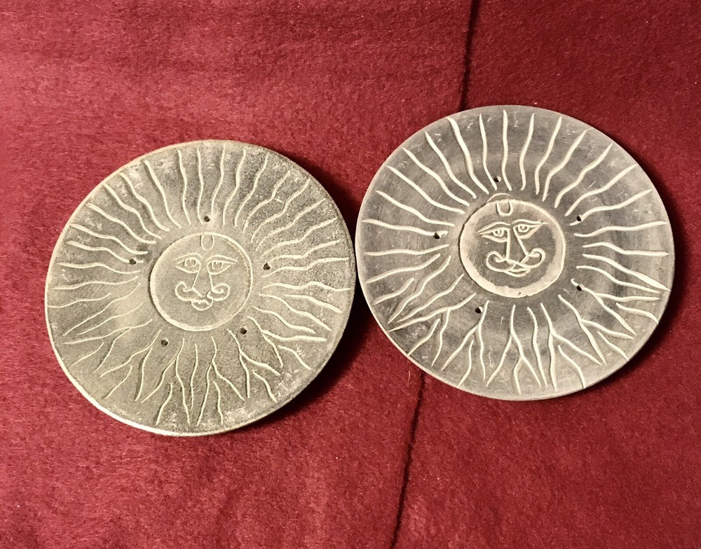 soap stone coasters, sun face carving. Pair