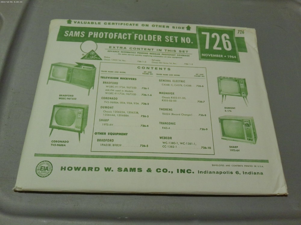 SAMS PHOTOFACT FOLDER SET NO.726