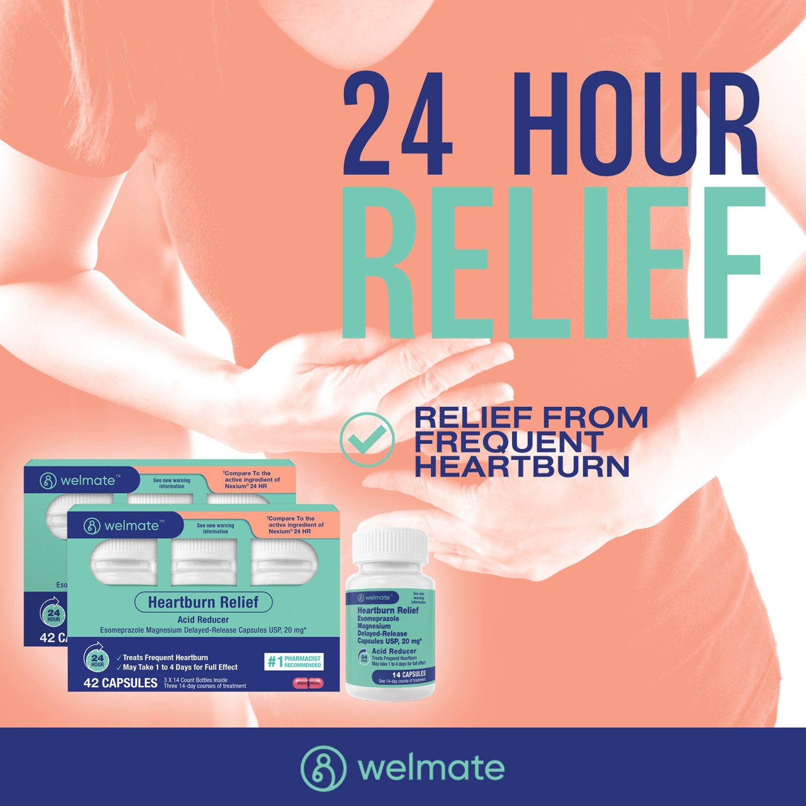 WELMATE Esomeprazole Magnesium 20mg DR Capsules | 24Hour Acid Reducer | 84 Count