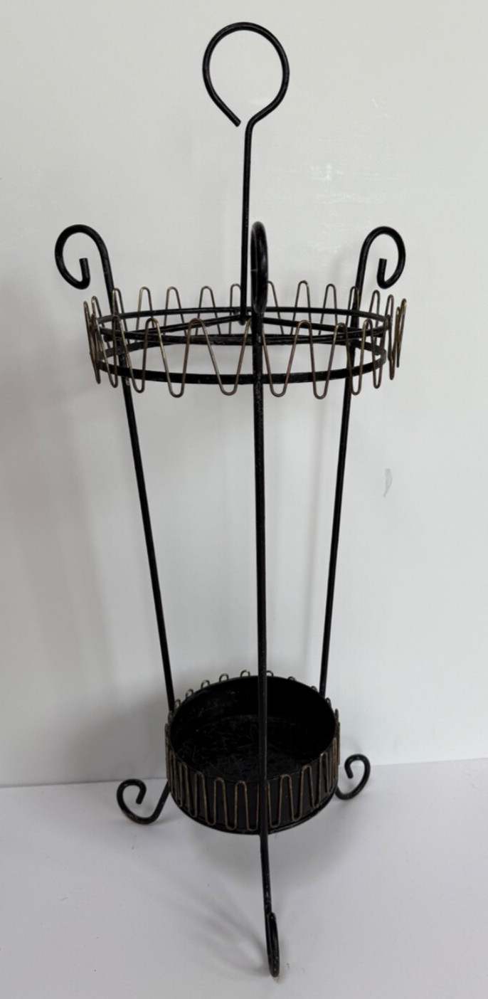 Vtg MCM Umbrella Stand cane walking-stick Holder Black Metal Gold-tone Trim 29"h