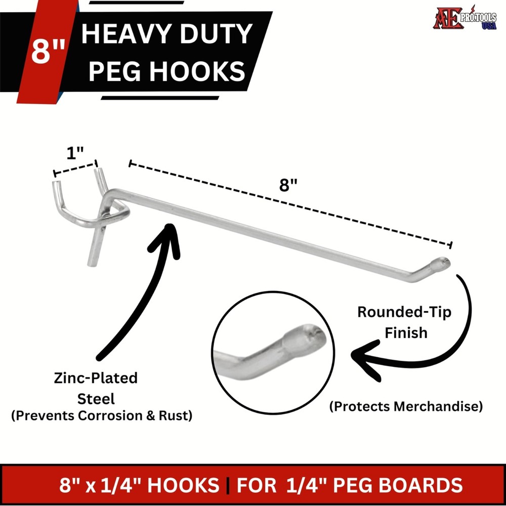 [100 Pack] 8" Pegboard Hooks, Tool Organization Shelving Hooks for 1/8" Pegboard