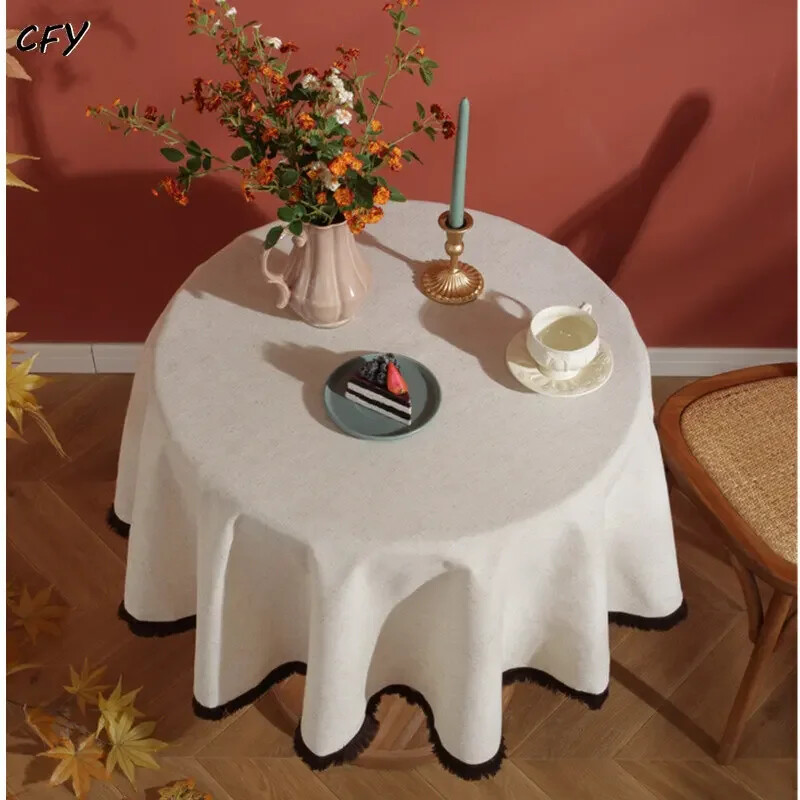 Cotton Linen Solid Tassel Round Tablecloth for Table Thickening Table Cover