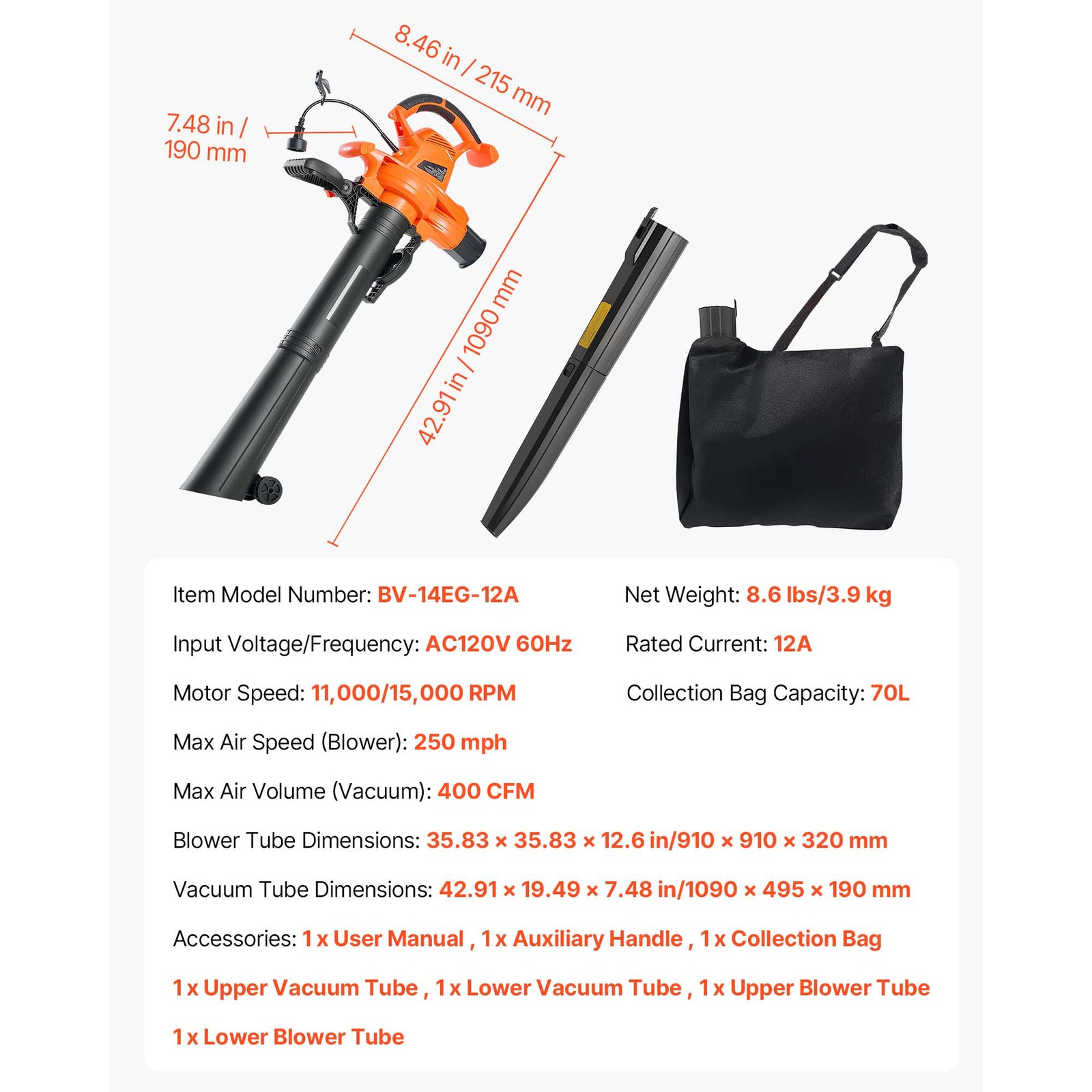 Uimoso Electric Leaf Blower 3-in-1 Vacuum Mulcher 12Amp 250MPH 400CFM