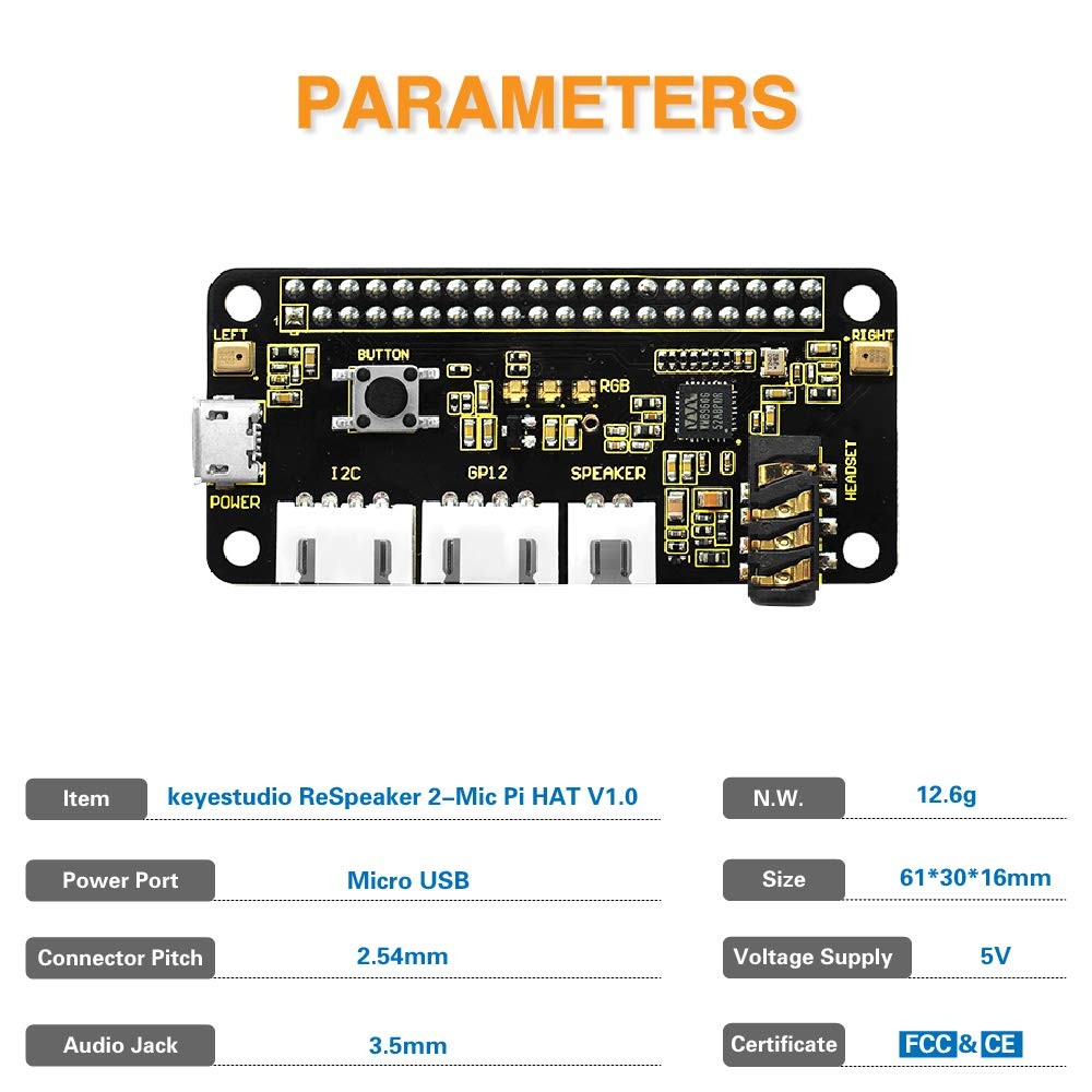 ReSpeaker 2-Mic Pi HAT V1.0 for Raspberry Pi 4/4B, Raspberry Pi 3 3B+/2 2B