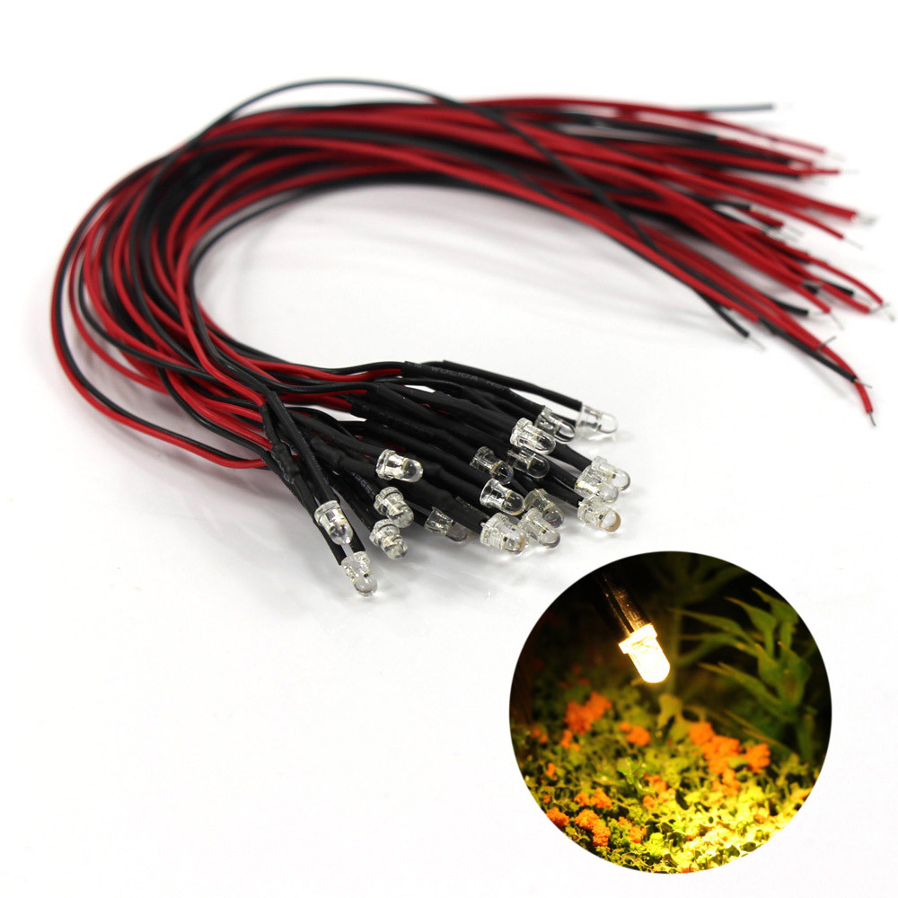 20pcs Pre-wired Resistor 26awg 20cm Wire Warm White 3mm LED Light Lamps 12V