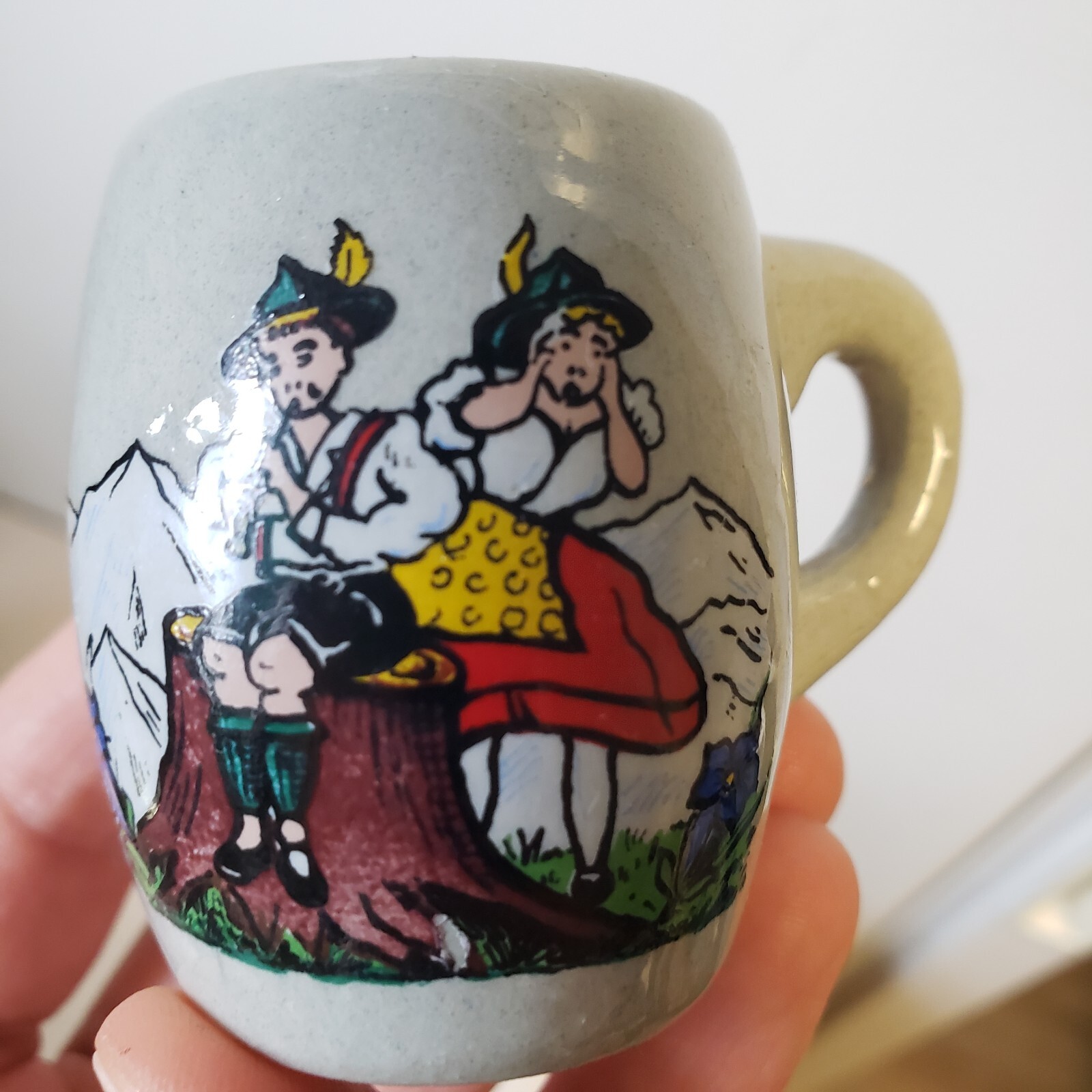 2 VINTAGE West Germany CERAMIC SMALL MINI BEER STEIN MUG SHOT Tiny Stines 2"