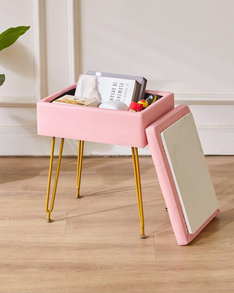 Multifunctional Storage Vanity Stool with Flip Tabletop, Adjustable Metal Leg...