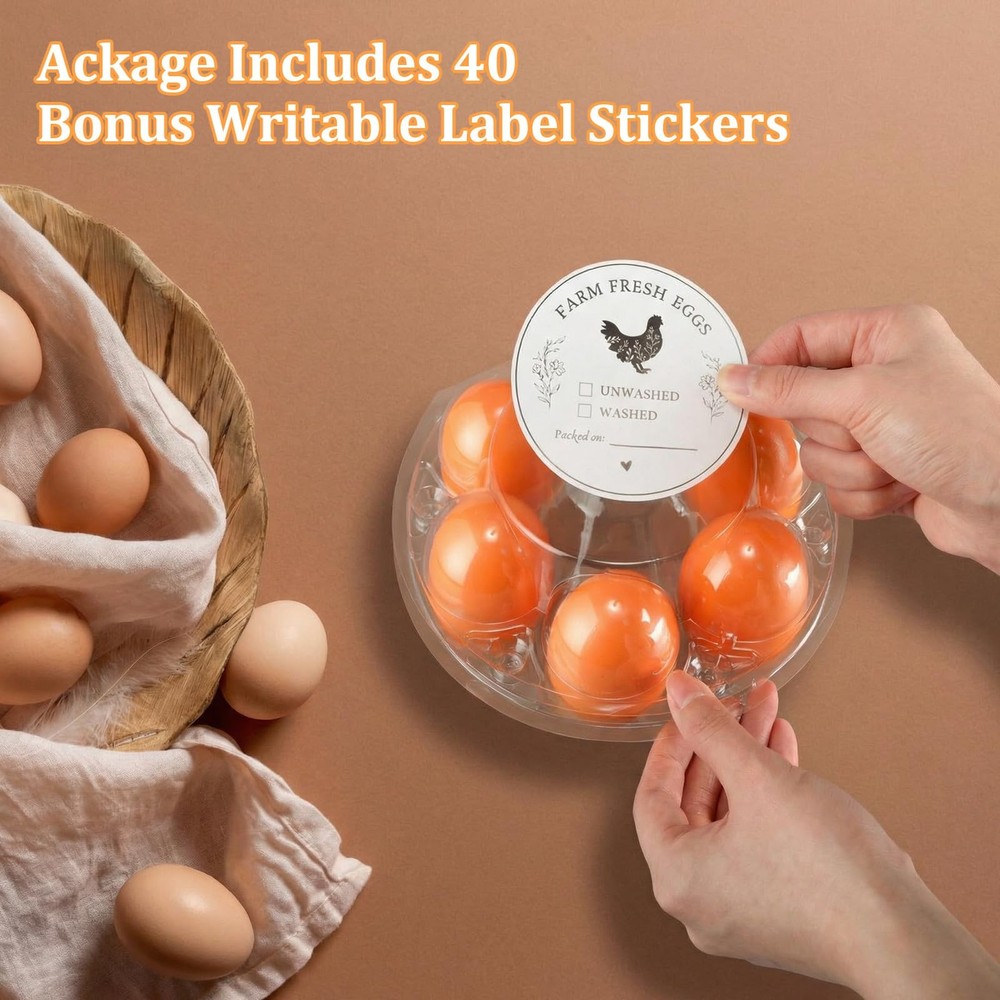 40 Pack Round 6 Count Plastic Egg Cartons Bulk with Date Stickers Half Dozen ...