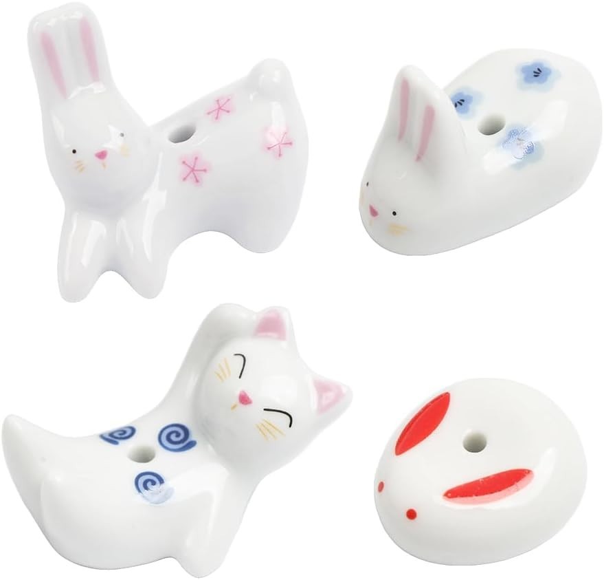 Cute White Rabbit & Cat Ceramic Incense Holders - 4Pc Set for Tranquil Spaces