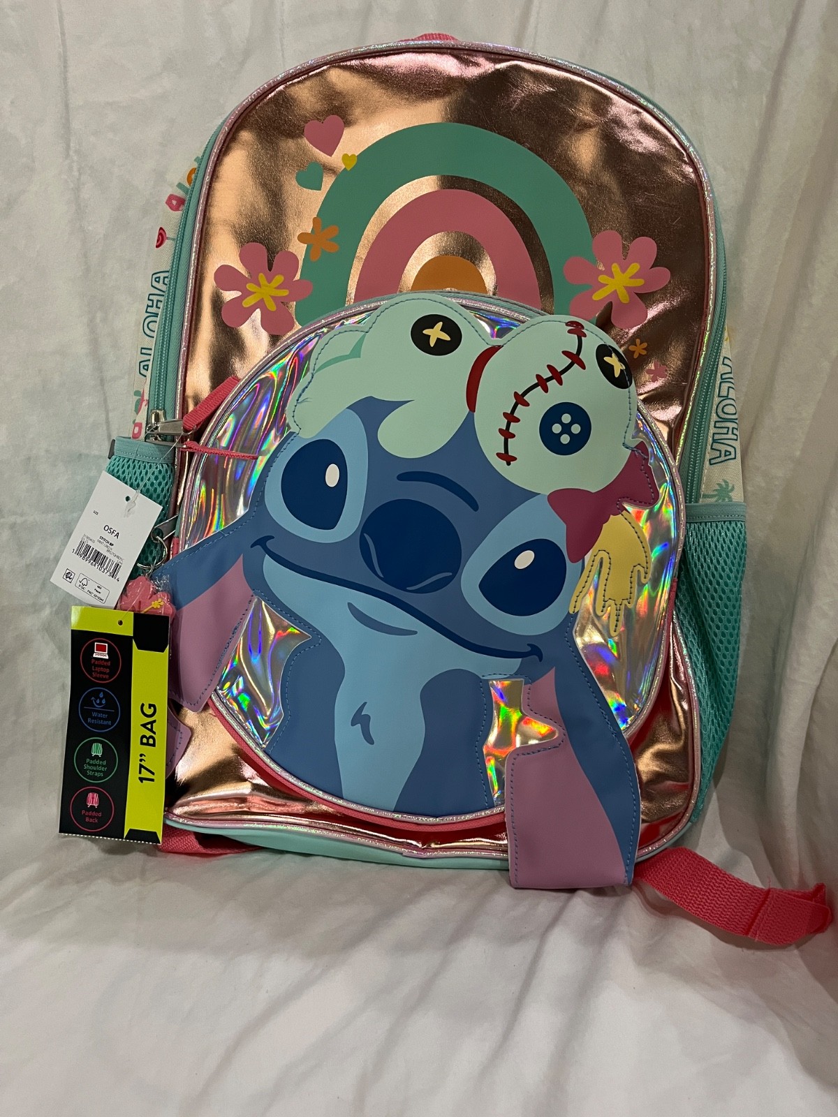 Disney Lilo & Stitch Girls' 17" Iridescent Rainbow Scrump Backpack NEW