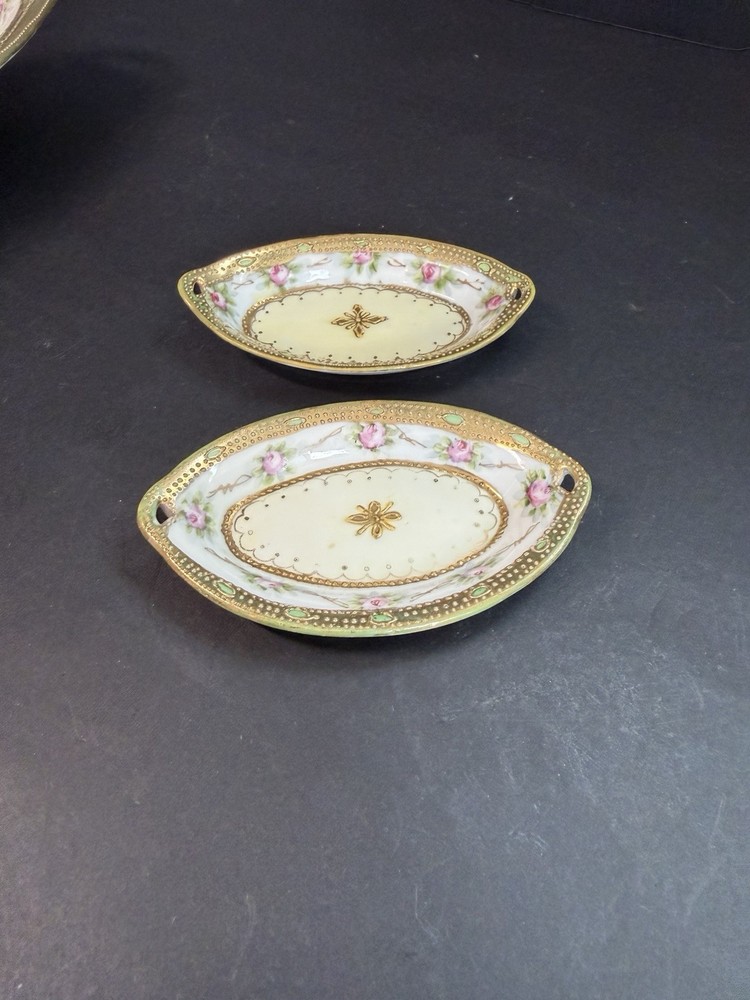 Antique Hand Painted Nippon Celery dish, open Salt Cellars Morimura
