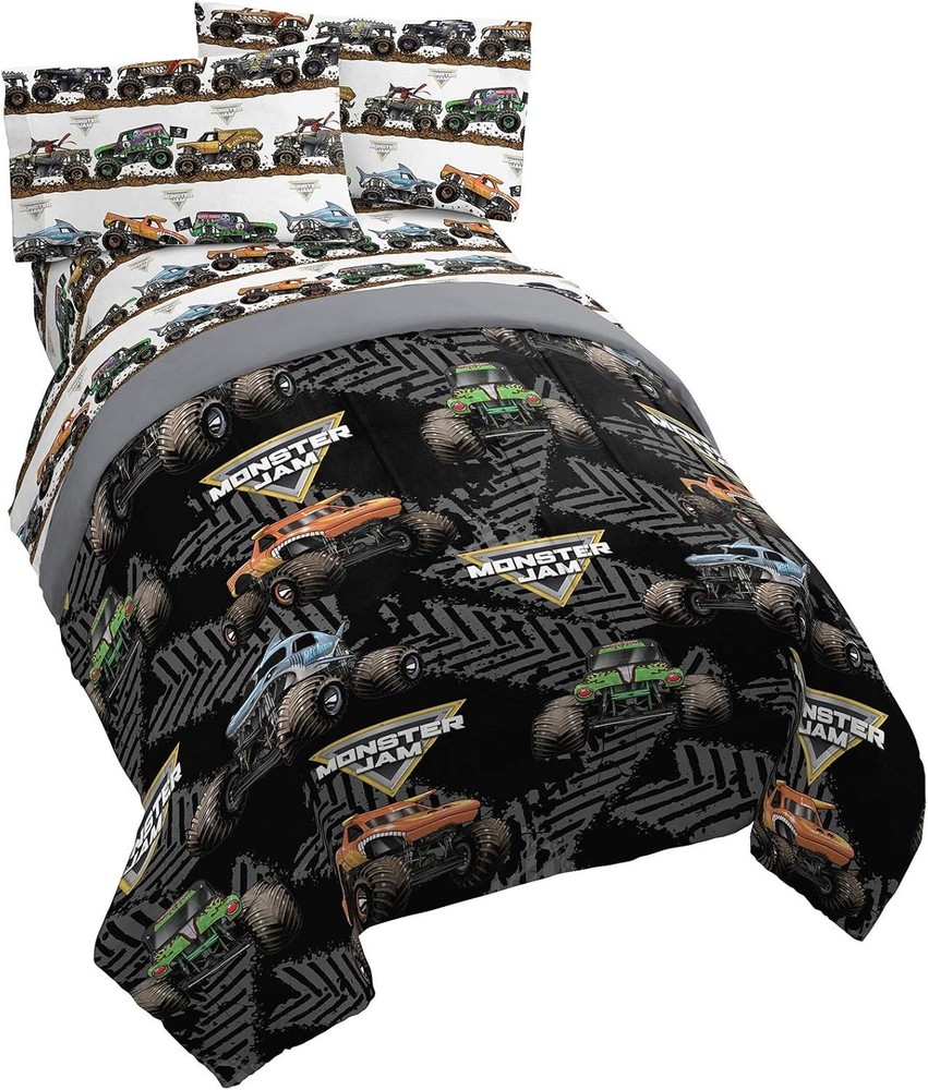 Monster Jam Tracks 4 Piece Twin Bed Set - Includes Comforter & Sheet Set - Be...