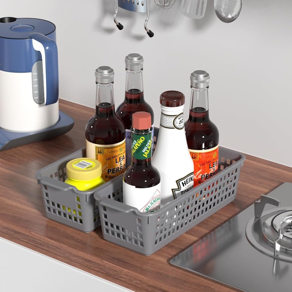 Slim Plastic Storage Baskets, Gray Small Shelf Baskets, 4 Pack
