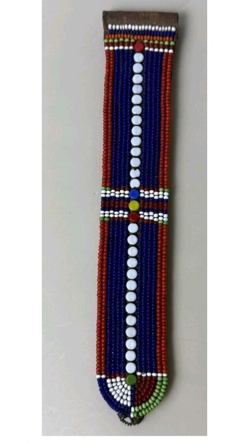 Antique African Maasai Beaded Leather Strap 8" Petina & Handbeading - Decorative