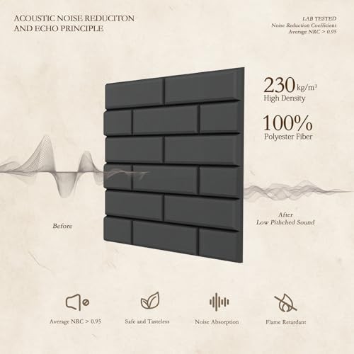 12Pack Acoustic Panels, Self-Adhesive 3D Brick Pattern 12"×12"-Brick Black