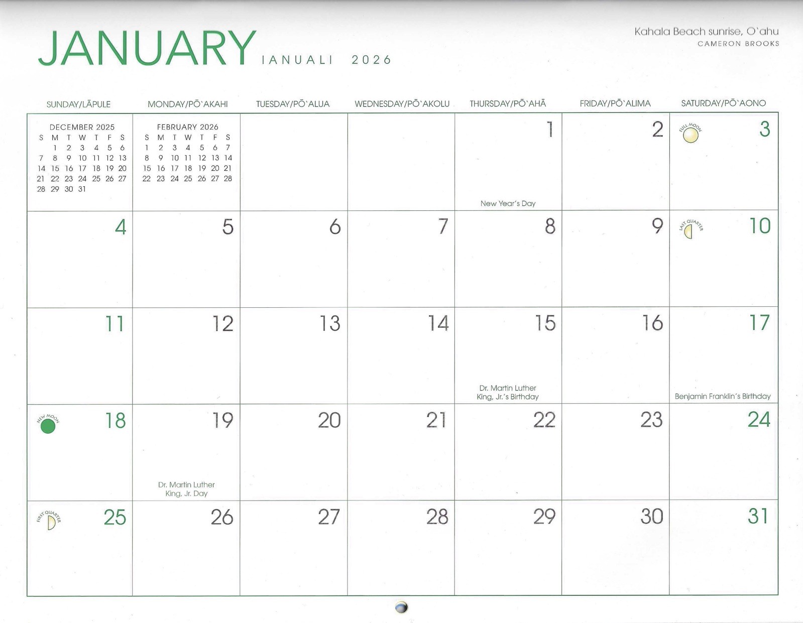 2026 Hawaii Wall Calendar Beaches Volcano Waterfalls Sunsets Holidays Scenic