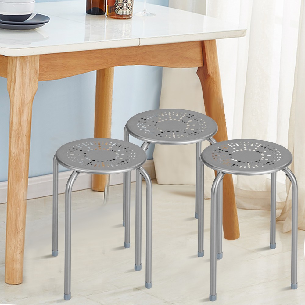 6PCS Stackable Metal Stool Set Daisy Backless Round Top Kitchen Grey