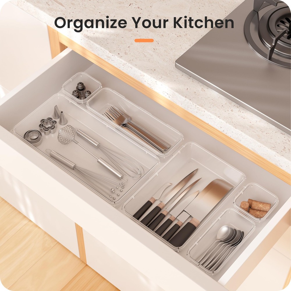 46PCS Clear Drawer Organizer - Makeup, Bathroom, Vanity & Kitchen Storage