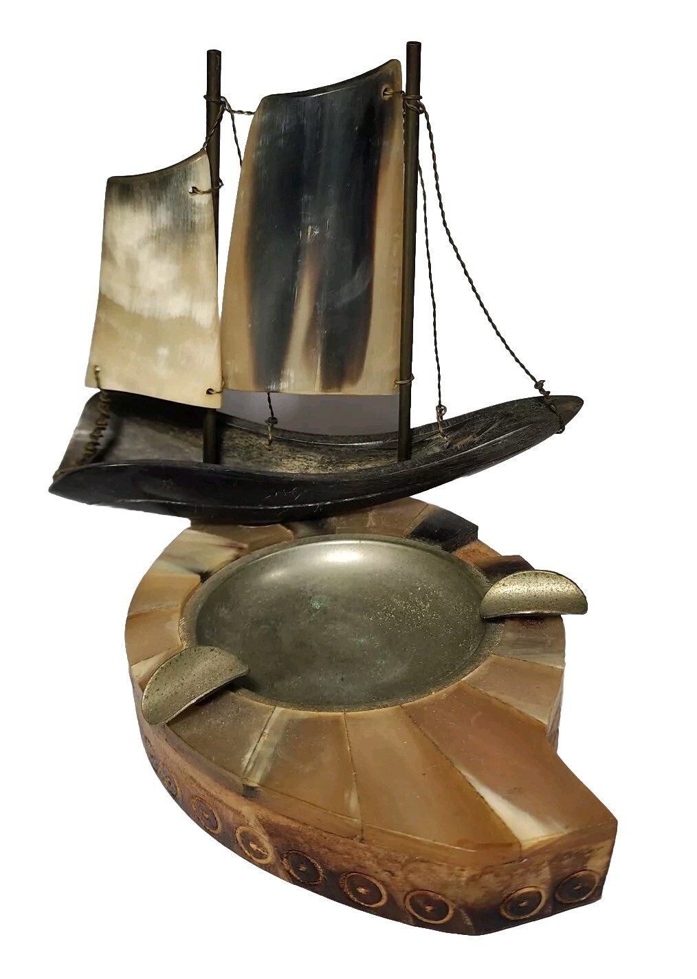 Vtg Carved Horn Sailing Clipper Ship Ashtray Nautical Pirate Scooner Boat Rare