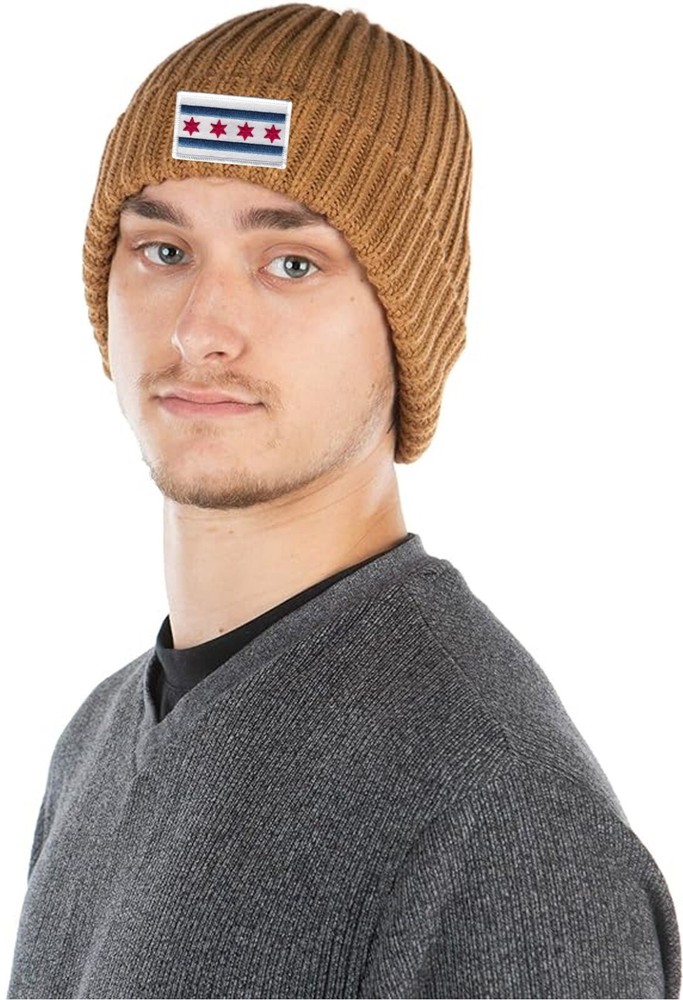 Chicago Flag Patch Cuffed Ribbed Beanie Hat White Border Timber