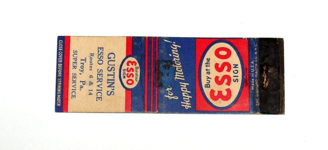 Vintage ESSO Gas & Oil Matchbook Cover Gustin's Service Troy PA