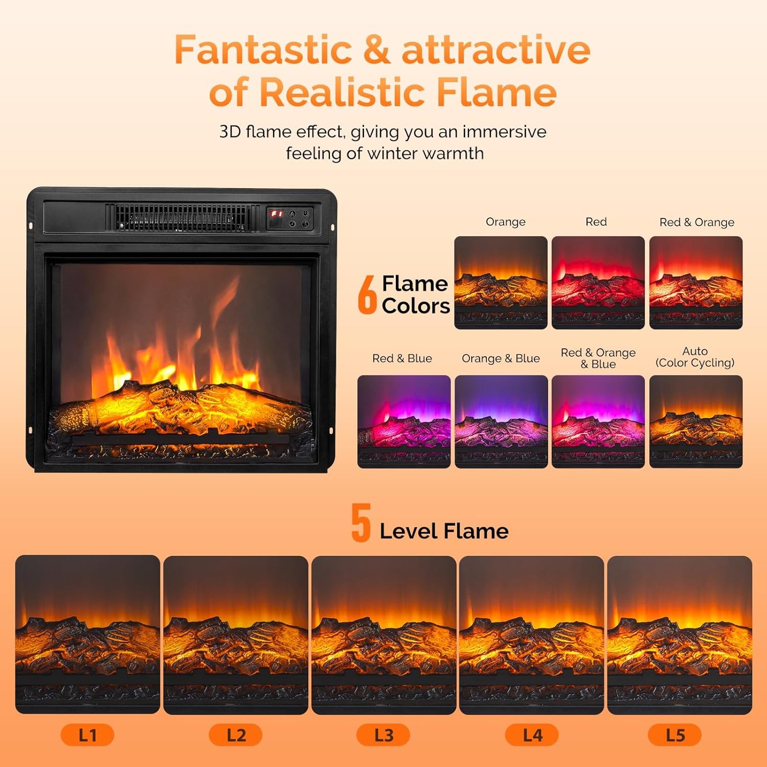 18" Electric Fireplace Insert Heater w/Remote, APP, 6 Color Adjustable Flames