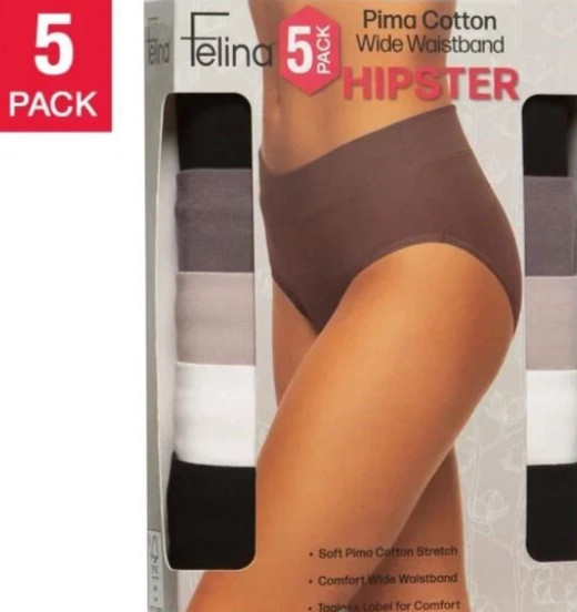 Felina Pima Cotton Wide Waistband Hipster 5 Pack SIZE: (X-LARGE)
