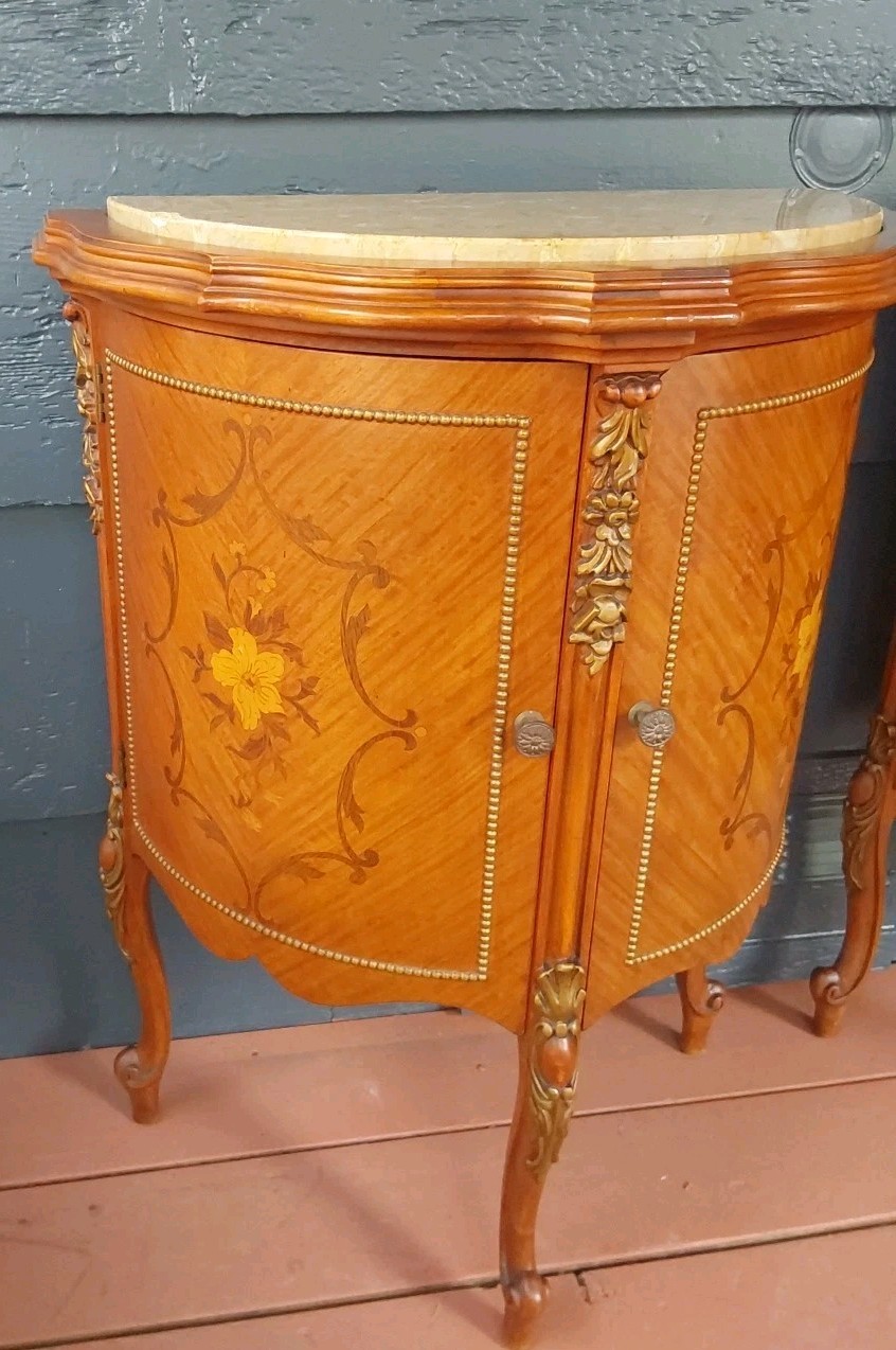 Vintage French Demilune Inlayed Wood End Tables w/Marble Tops 30 Tall X 23" Wide