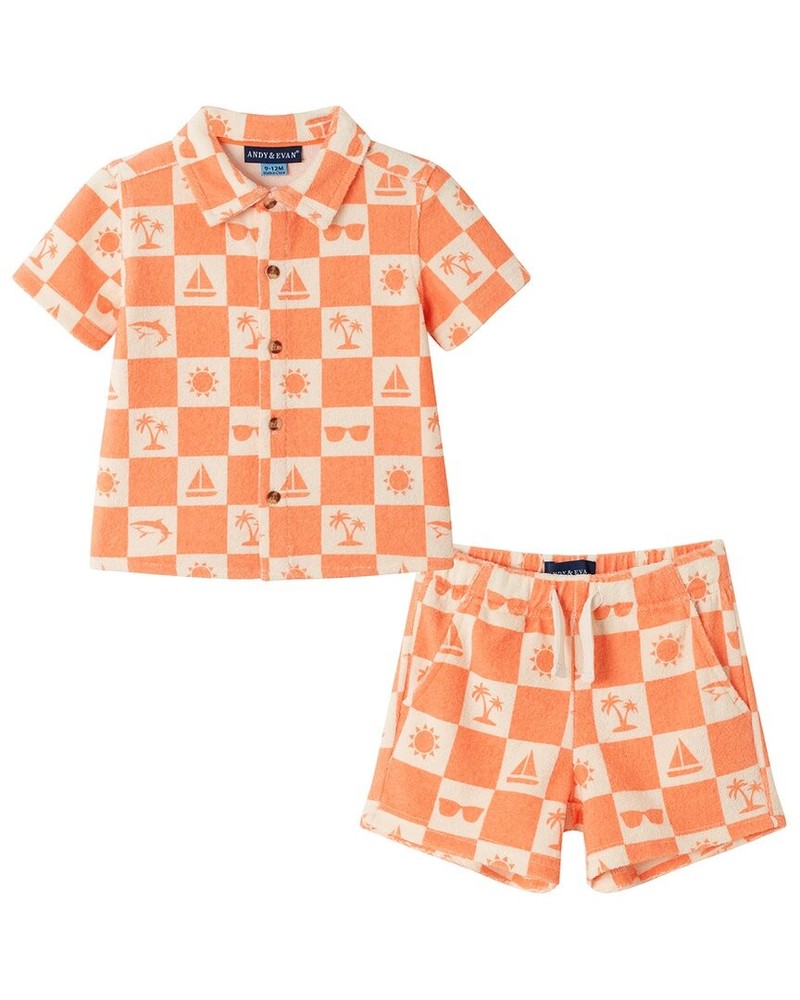 Andy & Evan 2Pc Printed Check Textured Short Set Orange 9/12M