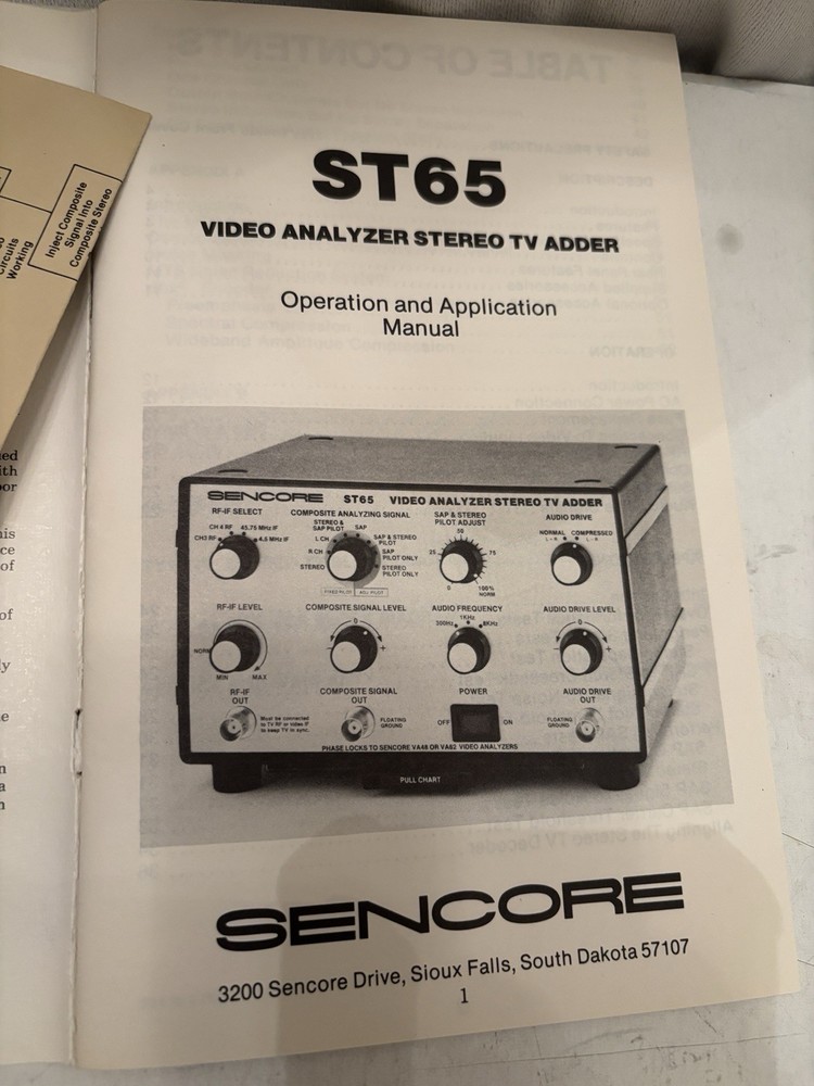 Sencore ST65 Video analyzer stereo TV adder - OPERATION & APPLICATION MANUAL
