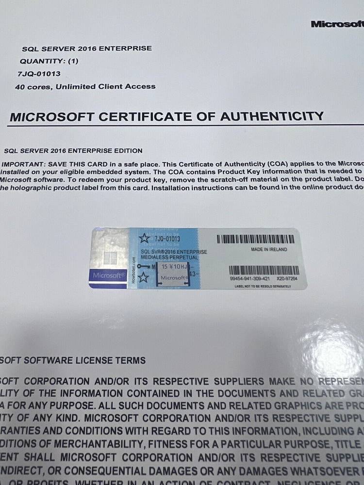 SQL Server 2016 ENTERPRISE 40 Core License Unlimited User CALs CoA Genuine Label