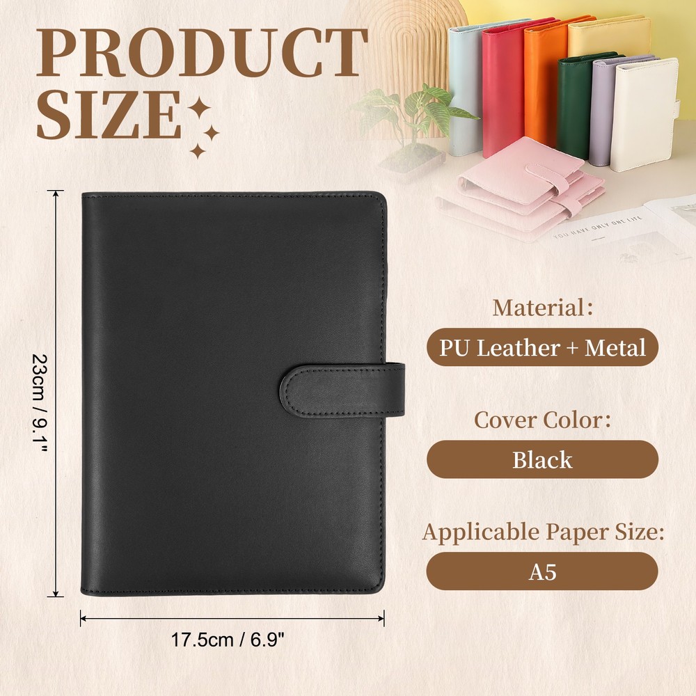 A5 PU Leather Binder Protector, 6 Ring Loose Leaf Notebook Shell, Black