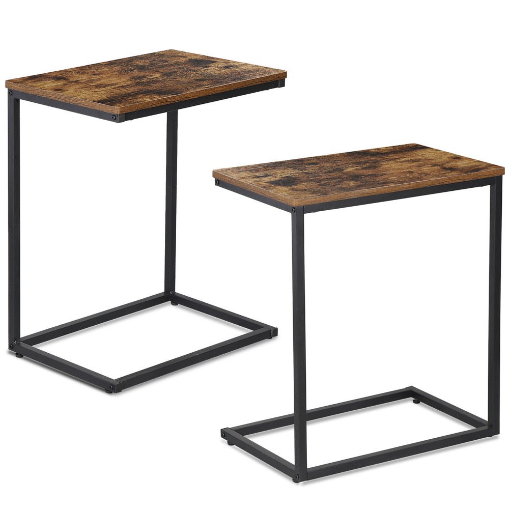 C Shaped End Table 2PCS Rustic Brown Side Table Bedside Table with Metal Frame
