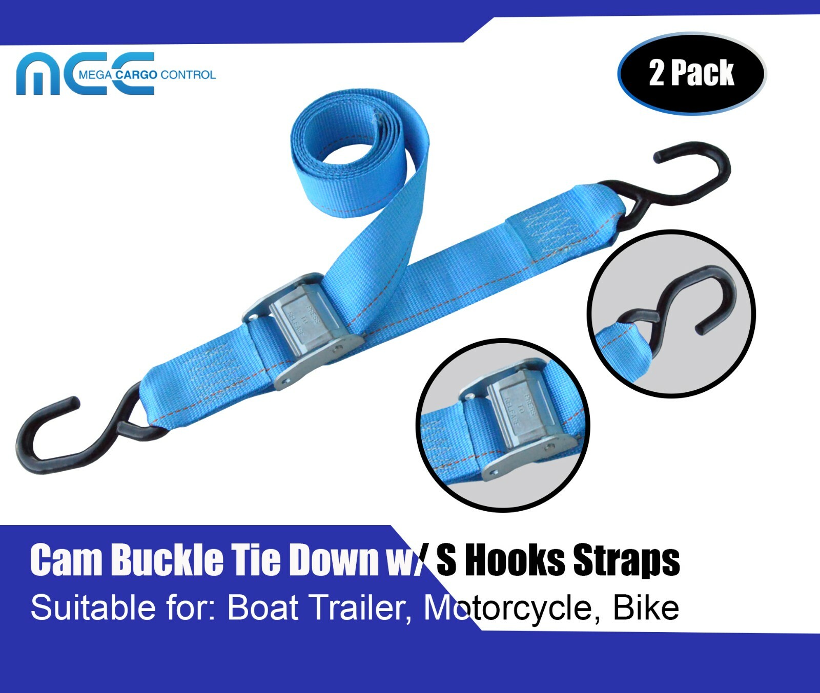 2 Pack 2" x 6' Cam Buckle Tie Down Strap w/ S Hooks Boat Trailer Motorcycle Bike