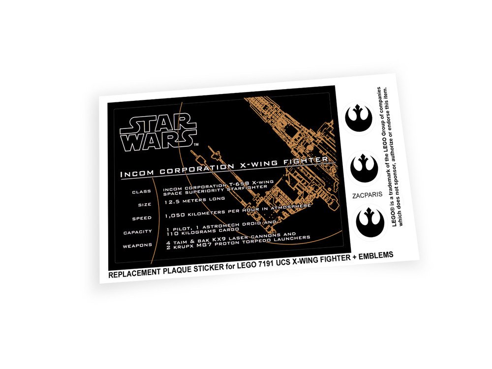 CUSTOM STICKER for UCS Set 7191 X-WING FIGHTER, XWING MODELS, DISPLAYS, ETC