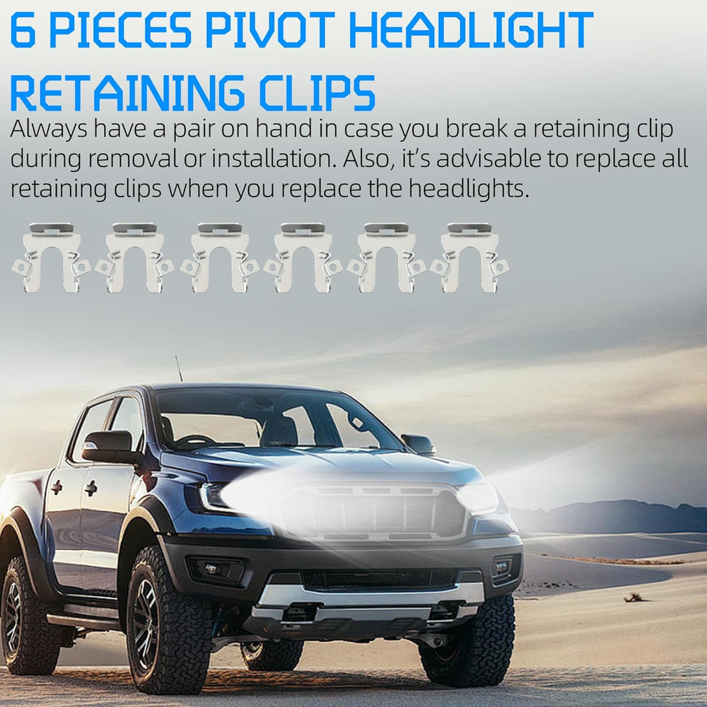 (6-Pack) Exact Replacement Pivot Headlight Retaining Clips Compatible with Ford
