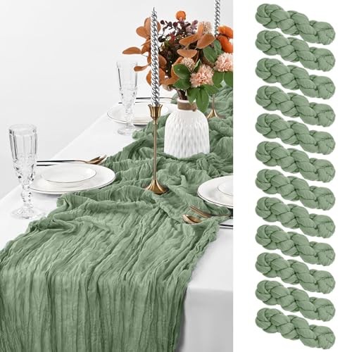 Table Runner, 10FT Cheesecloth Table Runner Long Romantic 12 Pack Sage Green
