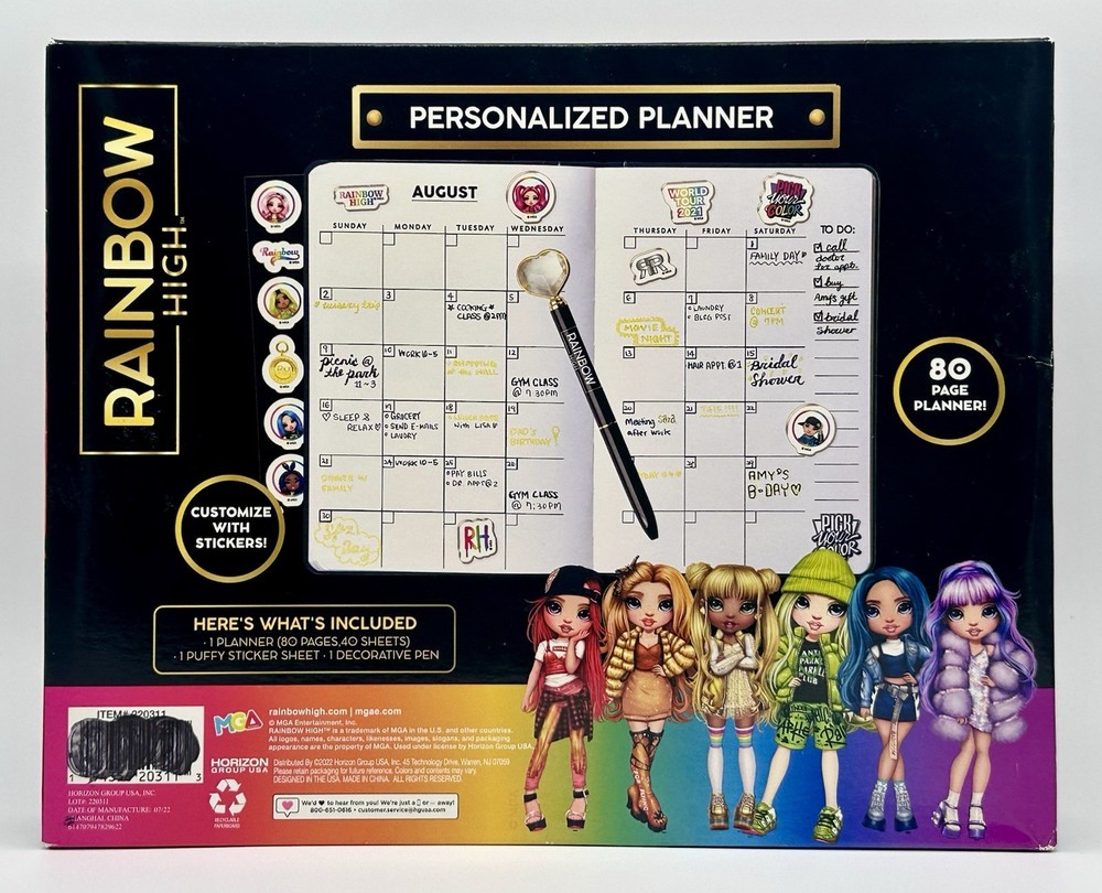 Rainbow High Personalized Planner Set 80 Pages Pen Stickers NEW